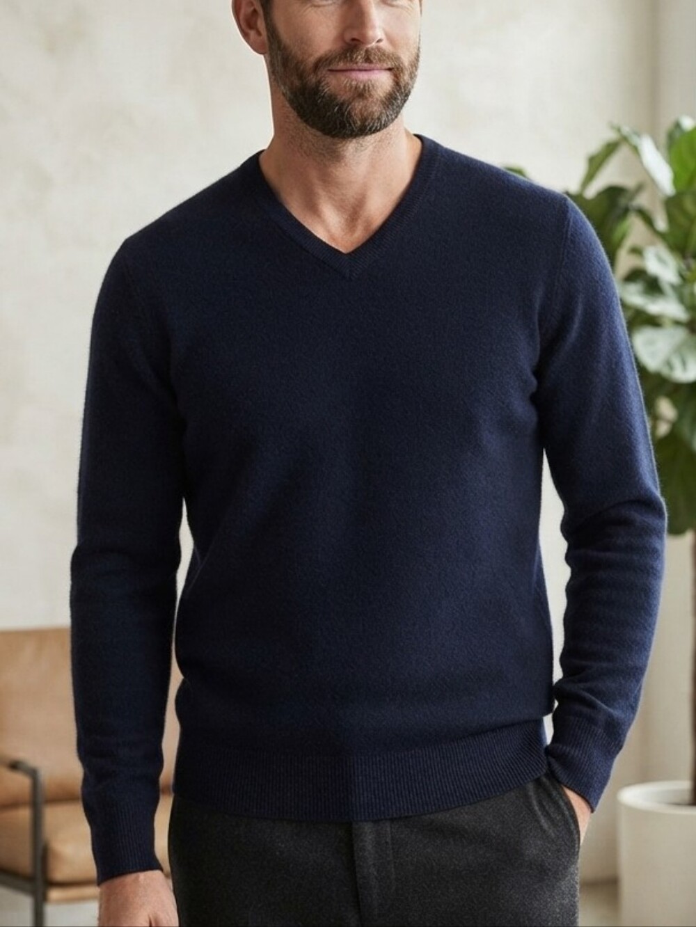 Luigi Baldo 100% Cashmere Navy Blue V-Neck Long Sleeve Sweater Size Large